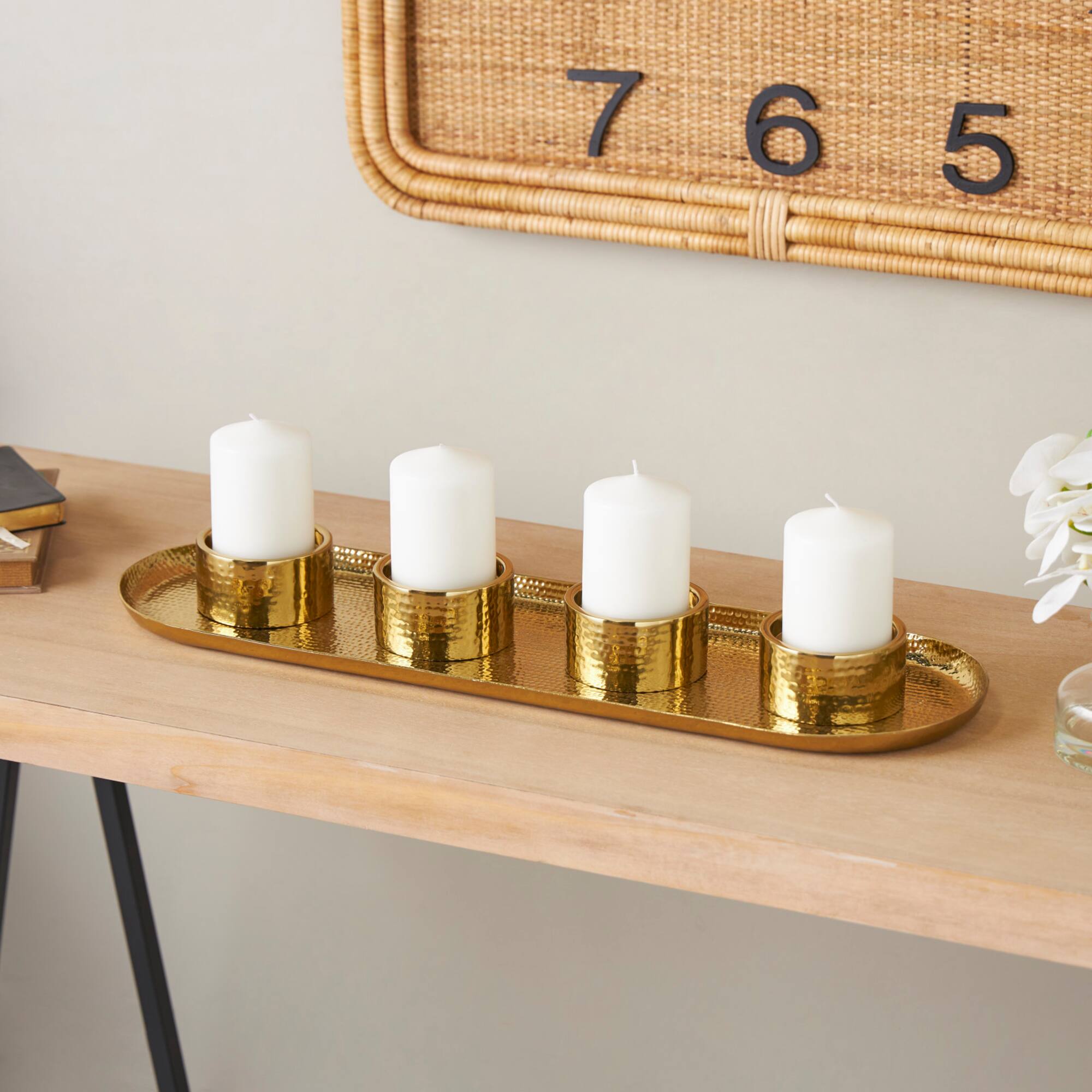 26" Stainless Steel 4 Candle Candelabra with Attached Tray